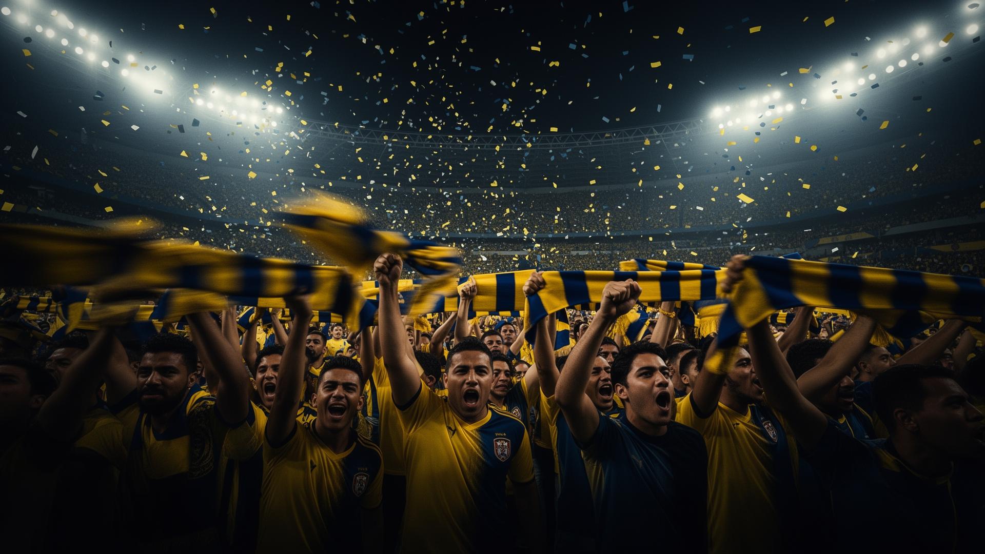 Hinchada celebrando con bufandas tricolor